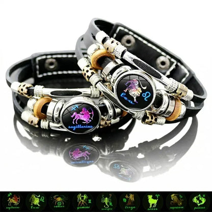 ⏳Time-Limited Special⏰Glow-in-the-dark leather zodiac sign bracelet for men and women (6.9/8.1 inches)♑️