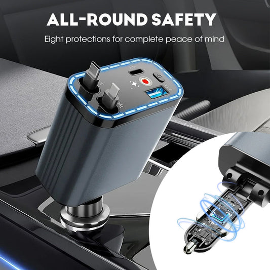 ⏳Time-Limited Special⏰Ultra-fast 4-in-1 Car Charger 90W – With Retractable Cables & Ambient Starlight
