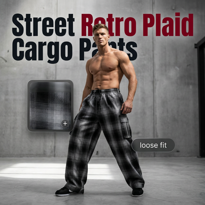 ⏳Time-Limited Special⏰Men's Retro Plaid Loose Fit Cargo Pants – Wide Leg, Cargo Pockets, Drawstring Waist 🌿