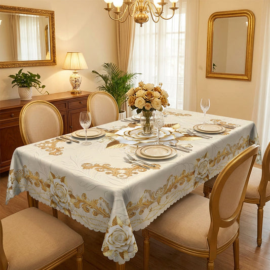 ⏳Time-Limited Special⏰Waterproof Gold Rose Tablecloth – Embossed Effect, Stain-Resistant & Elegant for Dining ✨