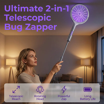 ⏳Time-Limited Special⏰ Rechargeable Bug Zapper – Triple‑layer safety mesh, extendable handle, rotates for wall & corner strikes. Pest‑free sleep, worry‑free safety! 🌟💚