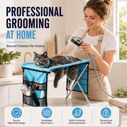 ⏳Time-Limited Special⏰2-in-1 Foldable Pet Grooming Bed – Breathable Mesh Cat & Dog Bathing Station with Storage Pockets, Home Pet Grooming Table