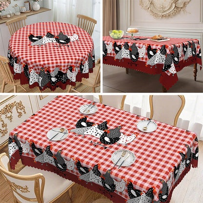 ⏳Time-Limited Special⏰Farmhouse Rooster Tablecloth – Red Buffalo Plaid Chicken Table Cover, Spill Proof & Scalloped Lace Edge ✨