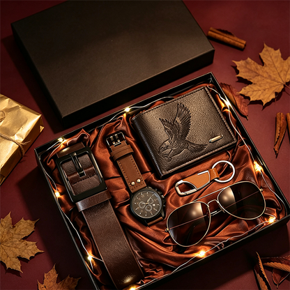 ⏳Time-Limited Special⏰Men's 5-Piece Gift Set with Watch Wallet Belt Sunglasses Keychain⌚🕶️