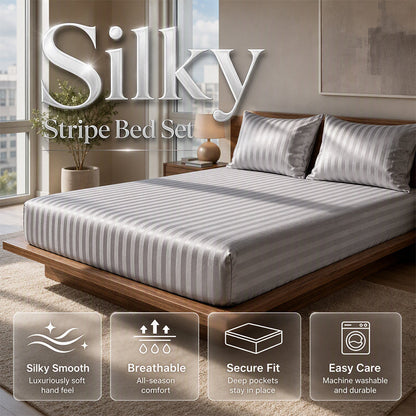 ⏳Time-Limited Special⏰Silky Satin Striped Fitted Sheet Set