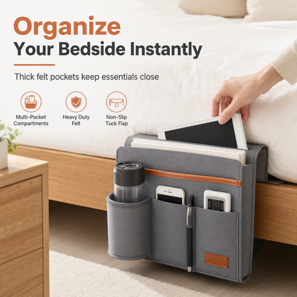 ⏳Time-Limited Special⏰Minimalist Felt Bedside Organizer Bag – Secure Mattress Anchor, Thickened Felt Fabric & Multi-Scene Mount – Tidy Storage for Phones, Tablets & Essentials 📚