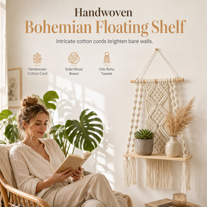 ⏳Time-Limited Special⏰Bohemian Hand Woven Macrame Wall Hanging Floating Shelf for Books and Plants Living Room Decor