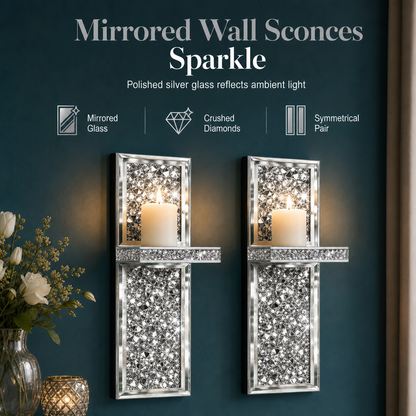 ⏳Time-Limited Special⏰Set of 2 Silver Mirrored Crystal Candle Holders with Acrylic Crushed Diamonds for Living Room Dining Room Home Decor