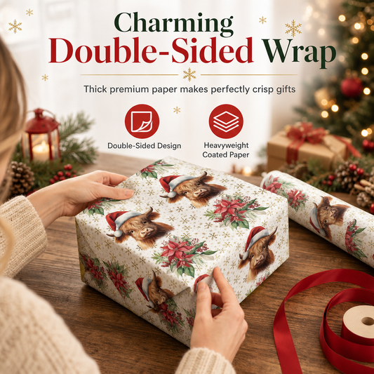 🎁2026 New Arrivals 50% OFF💥Reversible Christmas Highland Cow Gift Wrapping Paper Roll – Thick Tear‑Resistant Craft Paper, 2 Festive Designs in 1 Roll (43cm×5m) 🎄🎁