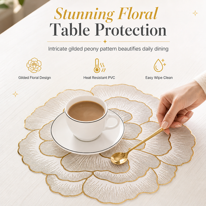 ⏳Time-Limited Special⏰Nordic Style Metallic Peony Flower PVC Placemat | Heat Resistant Non Slip Waterproof Dining Table Mat🍽️💛🌹